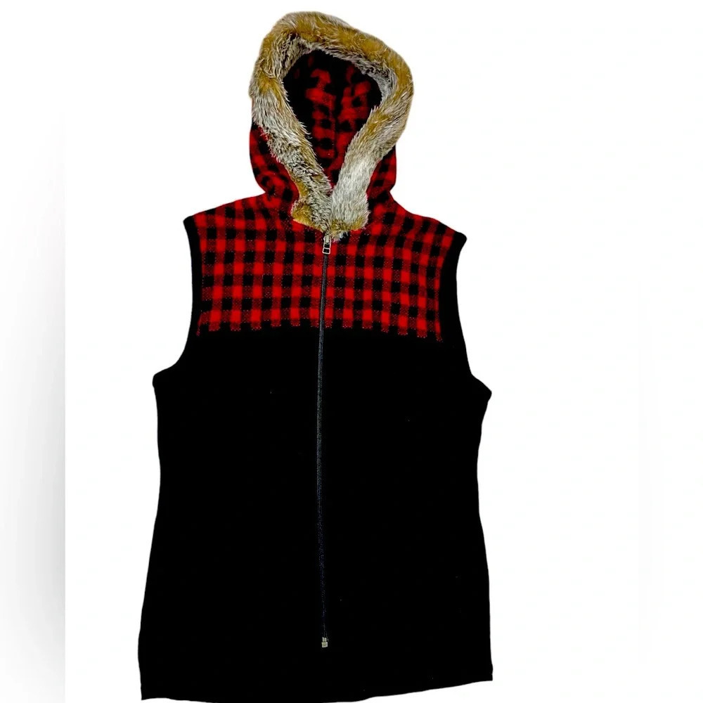 Woolrich Vest Women’s Small Checkered Lambs Wool Faux Fur Hooded Vest